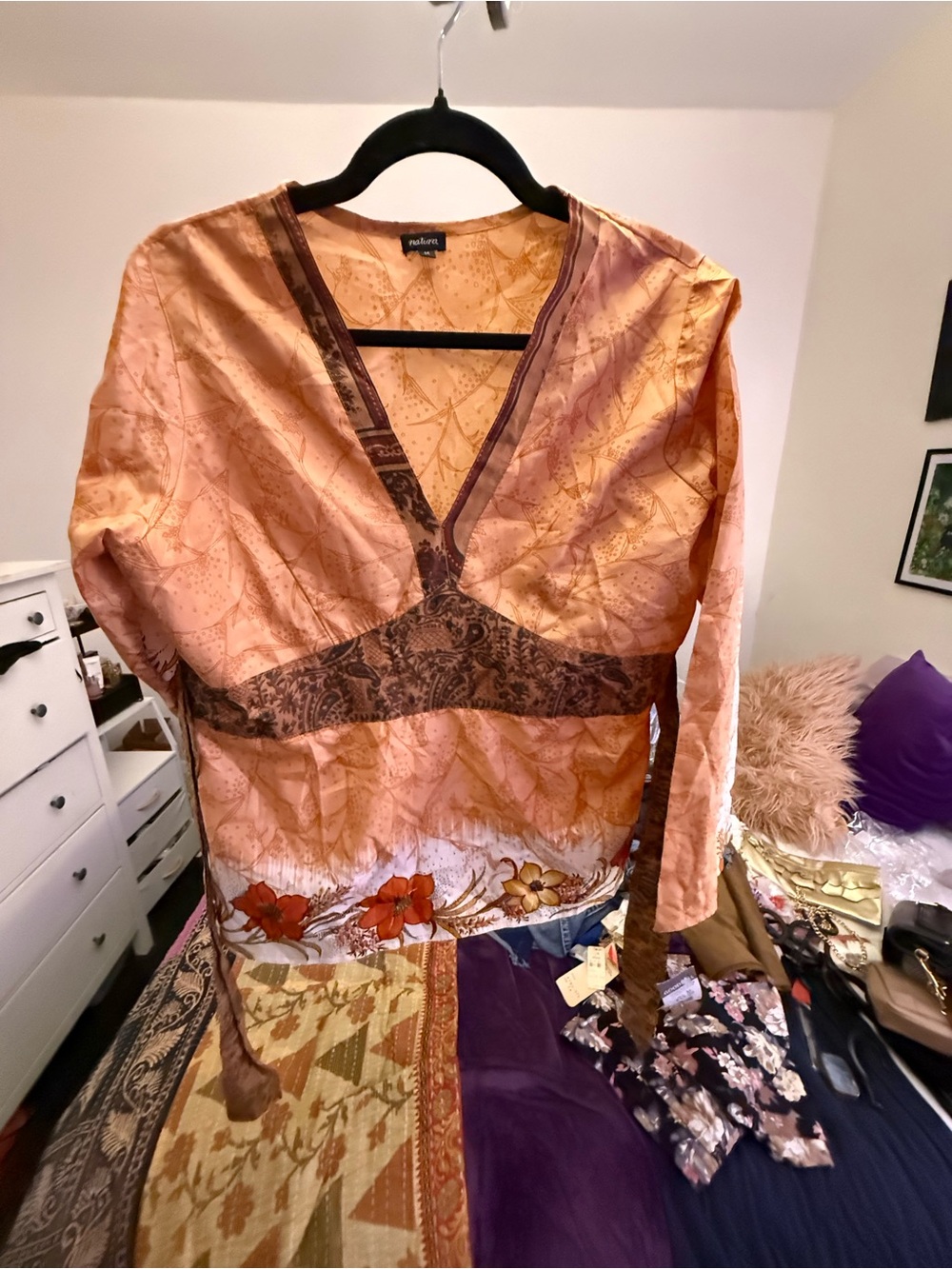 Peach Floral Satin Wrap Top by